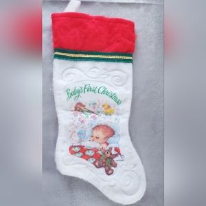 VTG 1980's Santa’s Best White Felt Embossed Baby's First Christmas Stocking 14"
